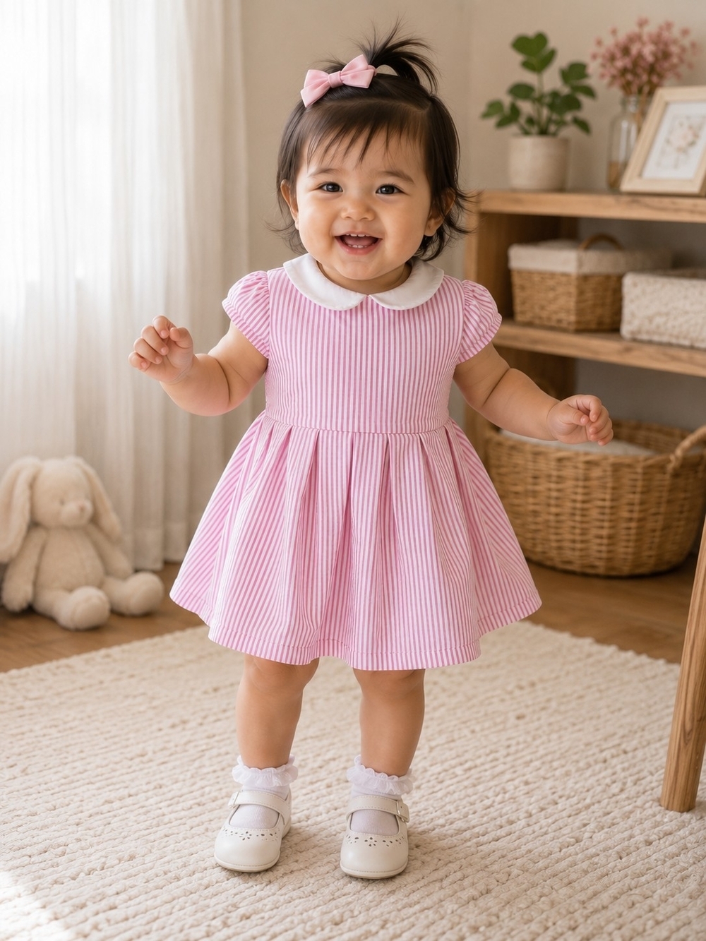 Ralph Lauren Baby Girls Pink Seersucker Dress & Bloomers Set 12M Peter Pan